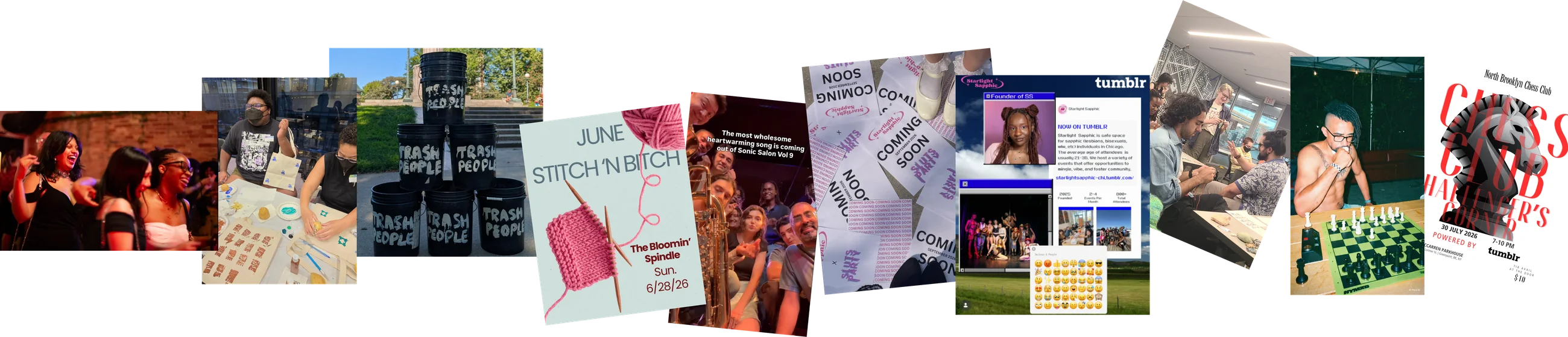 A collage from one funded quarter: club gatherings, hand-made event flyers, and the organizers' own posts about them.